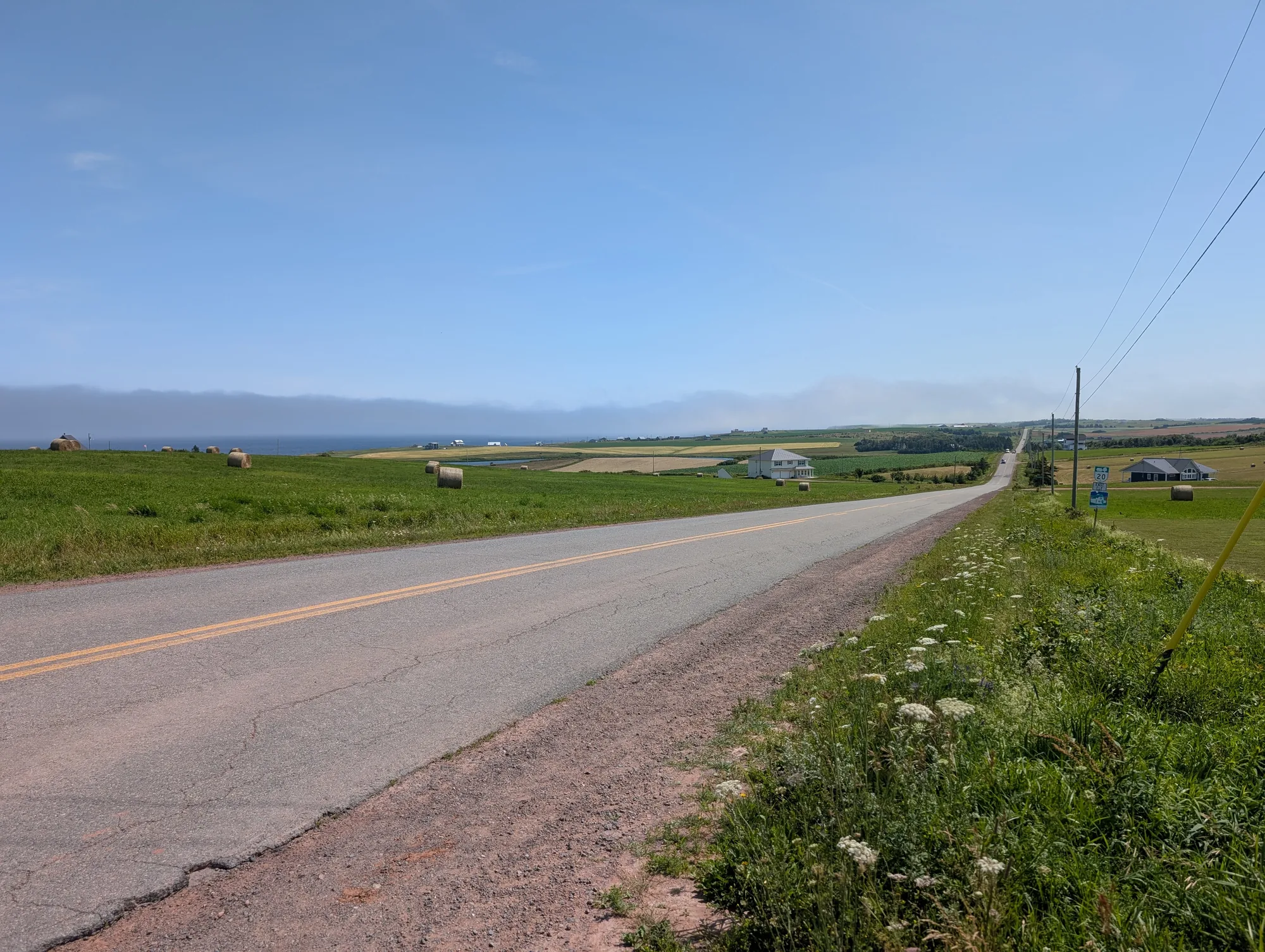 A coastal road through PEI farmland with the ocean in the distance